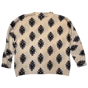 Damask Bohemian Cream Black Medallion Pattern Crewneck Sweater Size OXL